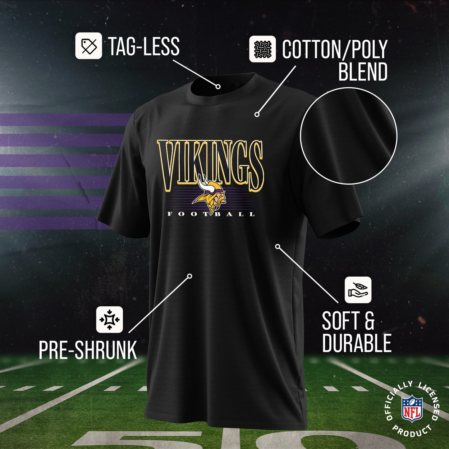 Minnesota Vikings NFL Youth Overtime Blueprint Football T-Shirt Unisex Tag Free Comfortable - Black