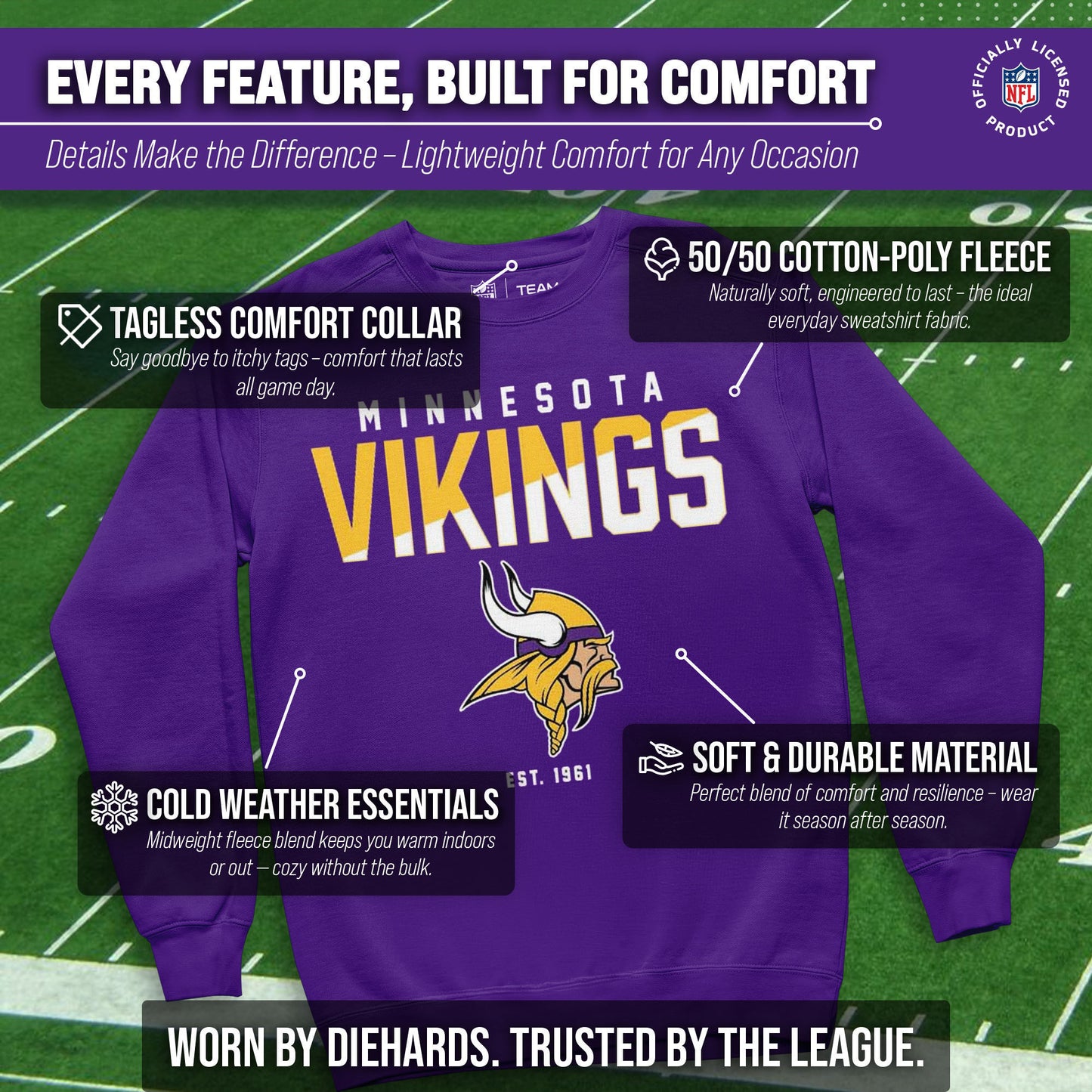Minnesota Vikings Adult NFL Diagonal Fade Color Block Crewneck Sweatshirt - Purple