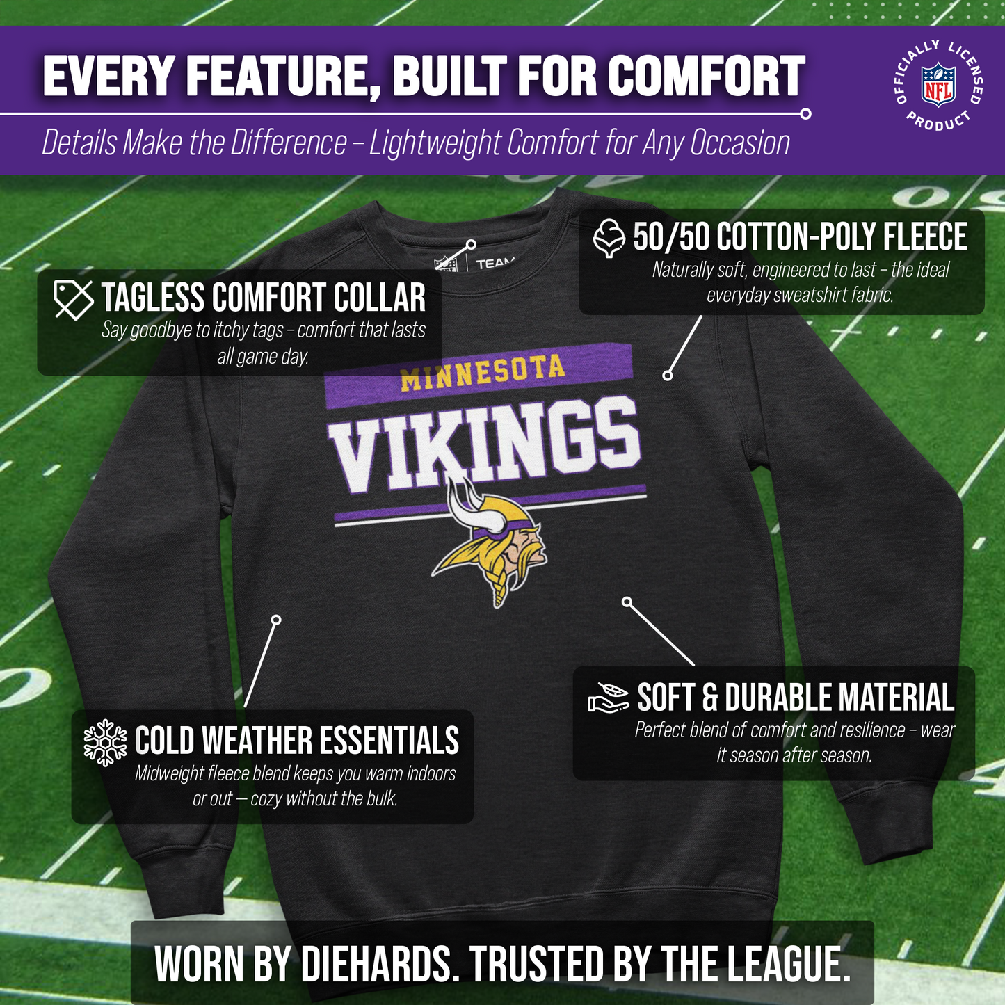 Minnesota Vikings NFL Adult Long Sleeve Team Block Charcoal Crewneck Sweatshirt - Charcoal