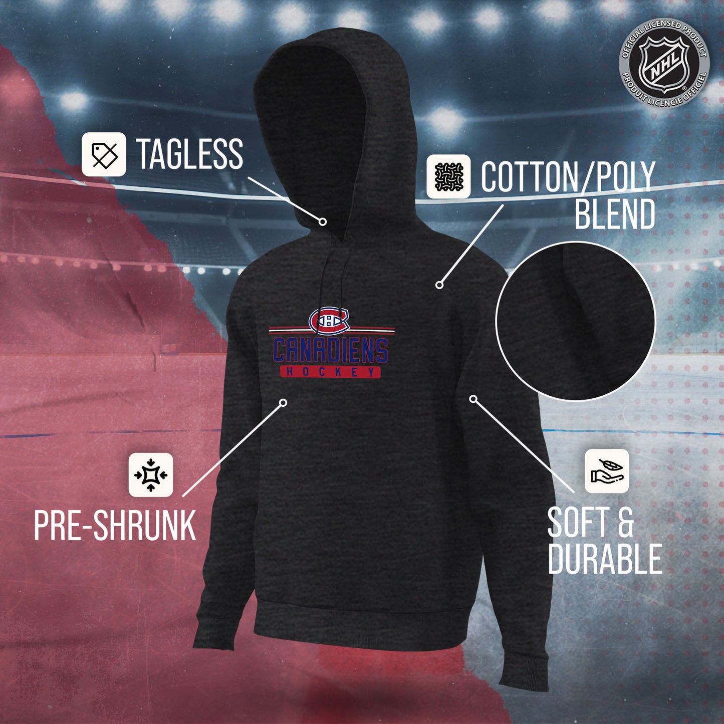 Montreal Canadiens NHL Adult Heather Charcoal True Fan Hooded Sweatshirt Unisex - Charcoal