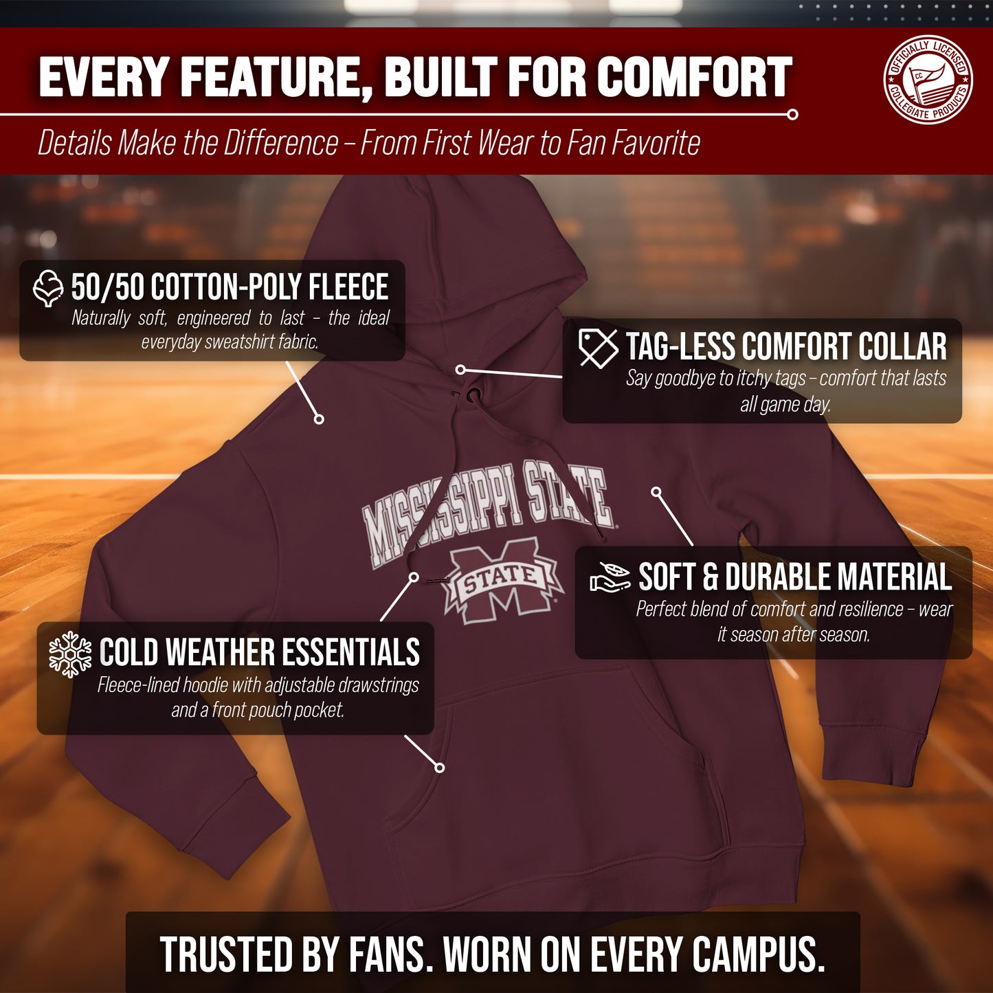 Mississippi State Bulldogs Adult Arch & Logo Soft Style Gameday Hooded Sweatshirt - Team Color