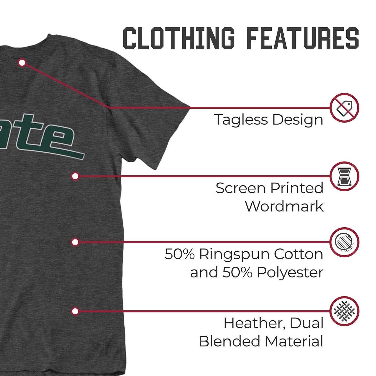 Michigan State Spartans Campus Colors NCAA Adult Cotton Blend Charcoal Tagless T-Shirt - Charcoal