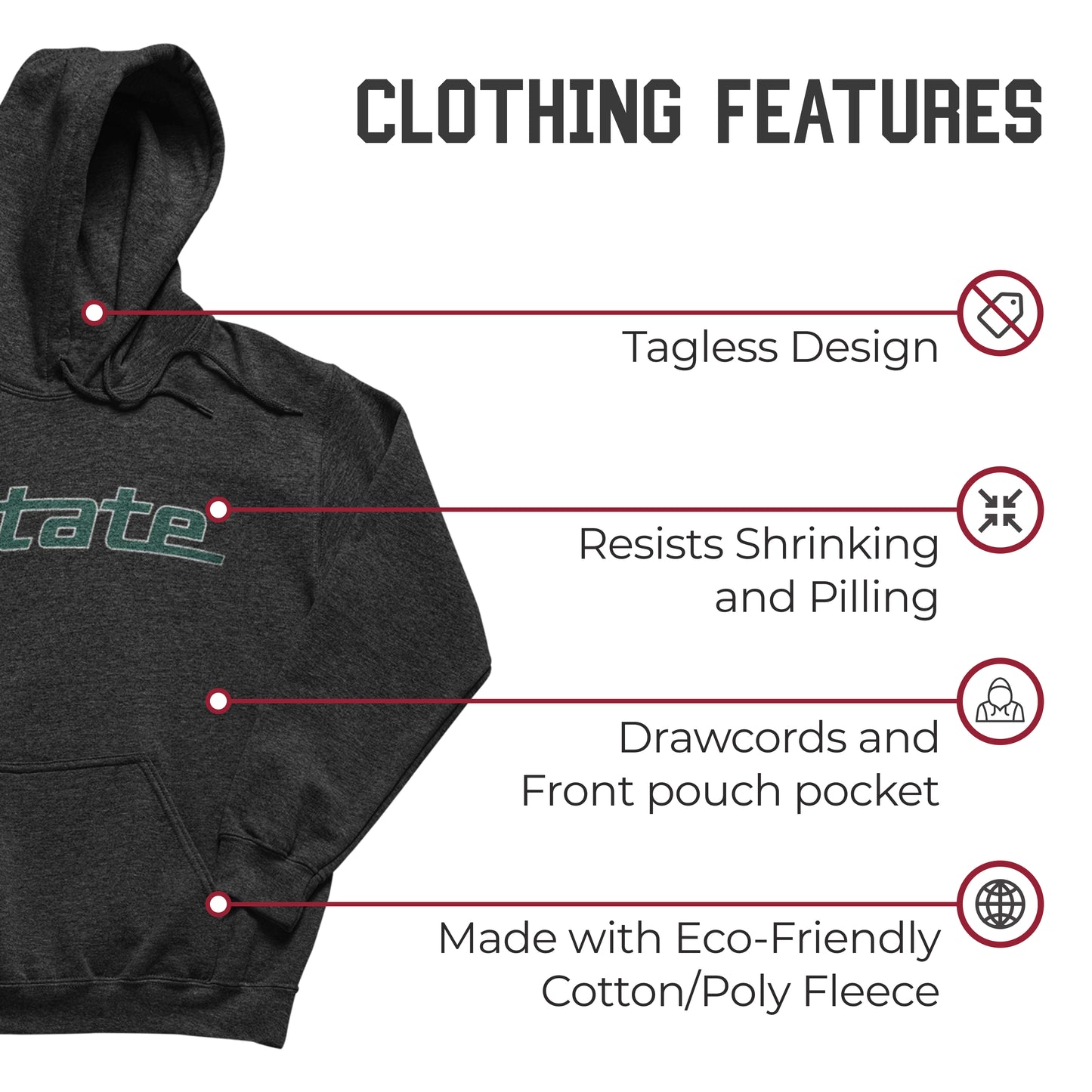 Michigan State Spartans NCAA Adult Cotton Blend Charcoal Hooded Sweatshirt - Charcoal