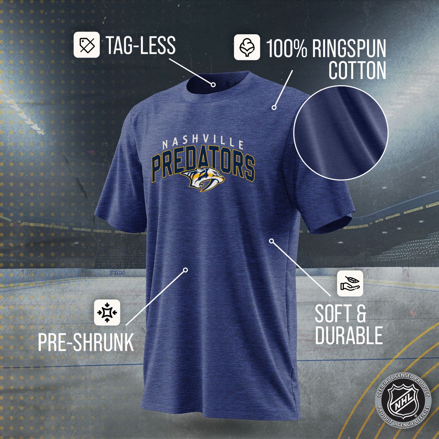 Nashville Predators NHL Adult Powerplay Heathered Unisex T-Shirt - Navy
