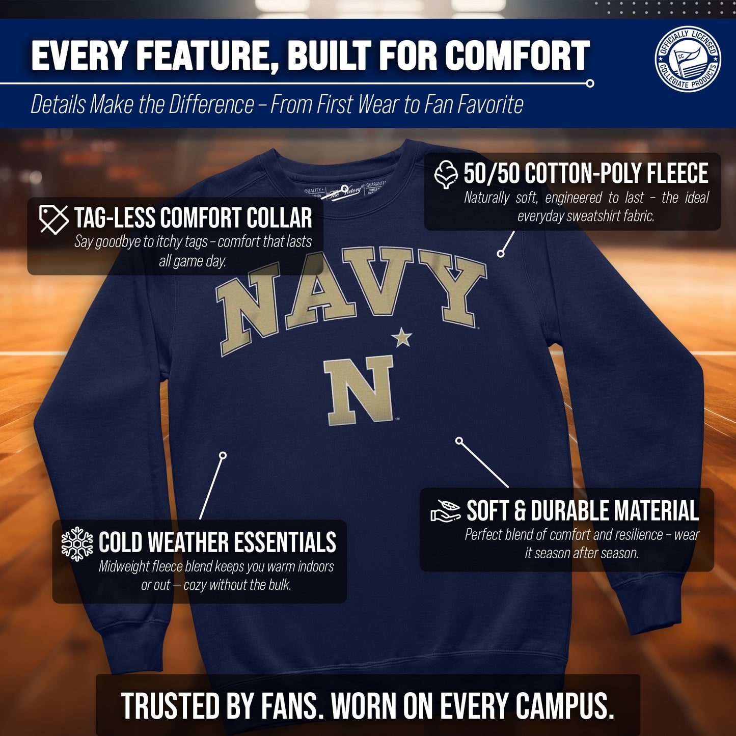 Navy Midshipmen Campus Colors Adult Arch & Logo Soft Style Gameday Crewneck Sweatshirt - Navy