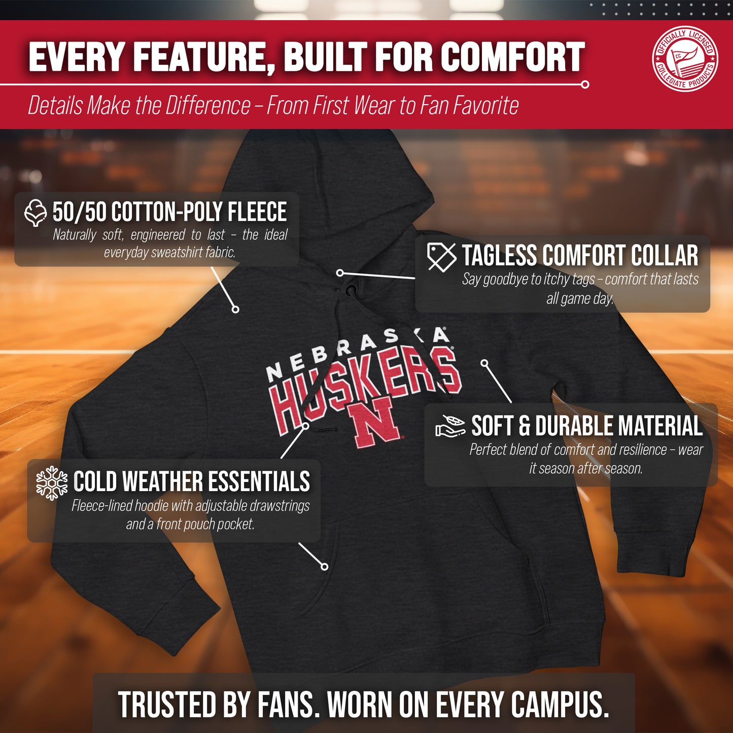 Nebraska Cornhuskers NCAA Adult Unisex Starting Fresh Heathered Hooded Fleece Sweatshirt - Black Heather