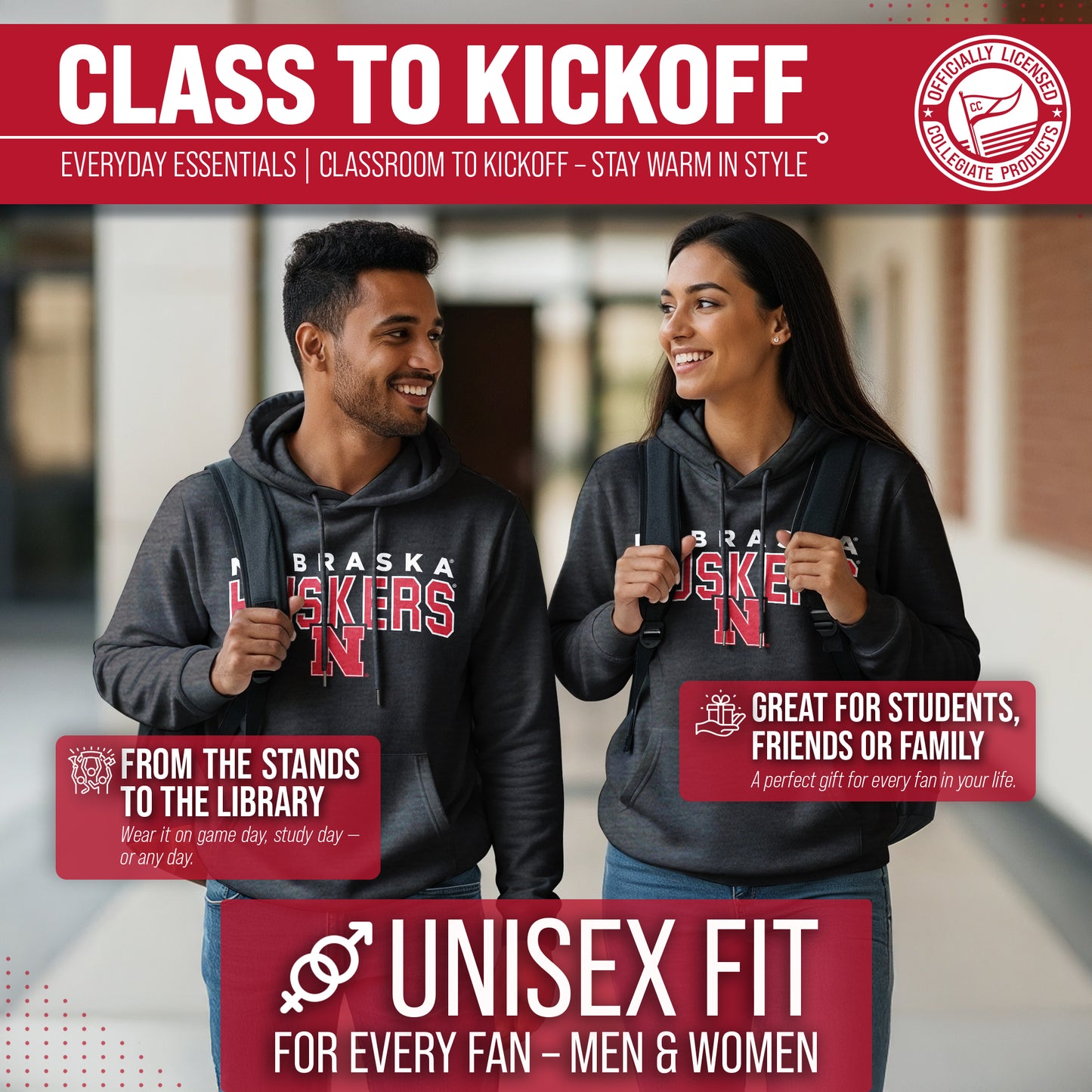 Nebraska Cornhuskers NCAA Adult Unisex Starting Fresh Heathered Hooded Fleece Sweatshirt - Black Heather