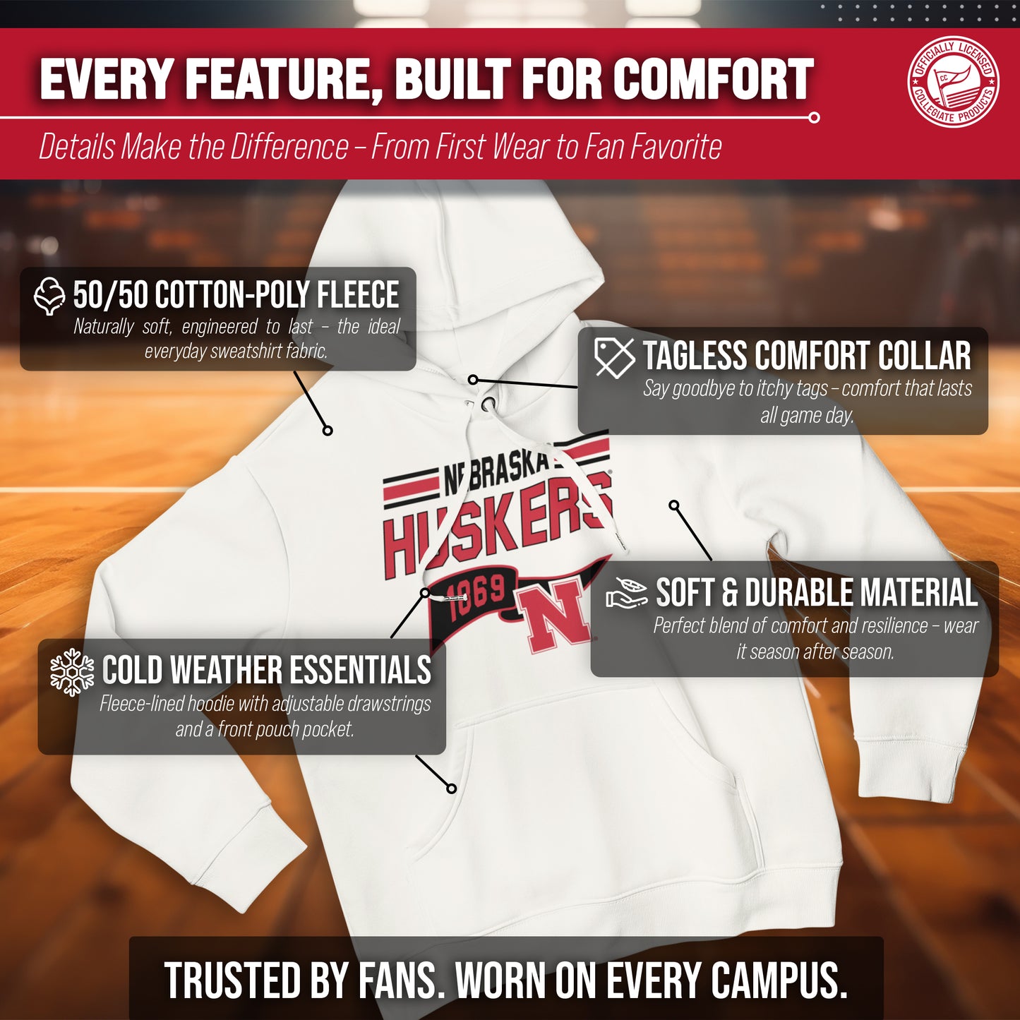 Nebraska Cornhuskers NCAA Adult Unisex Varsity Club Pennant Hooded Fleece Sweatshirt - Off White