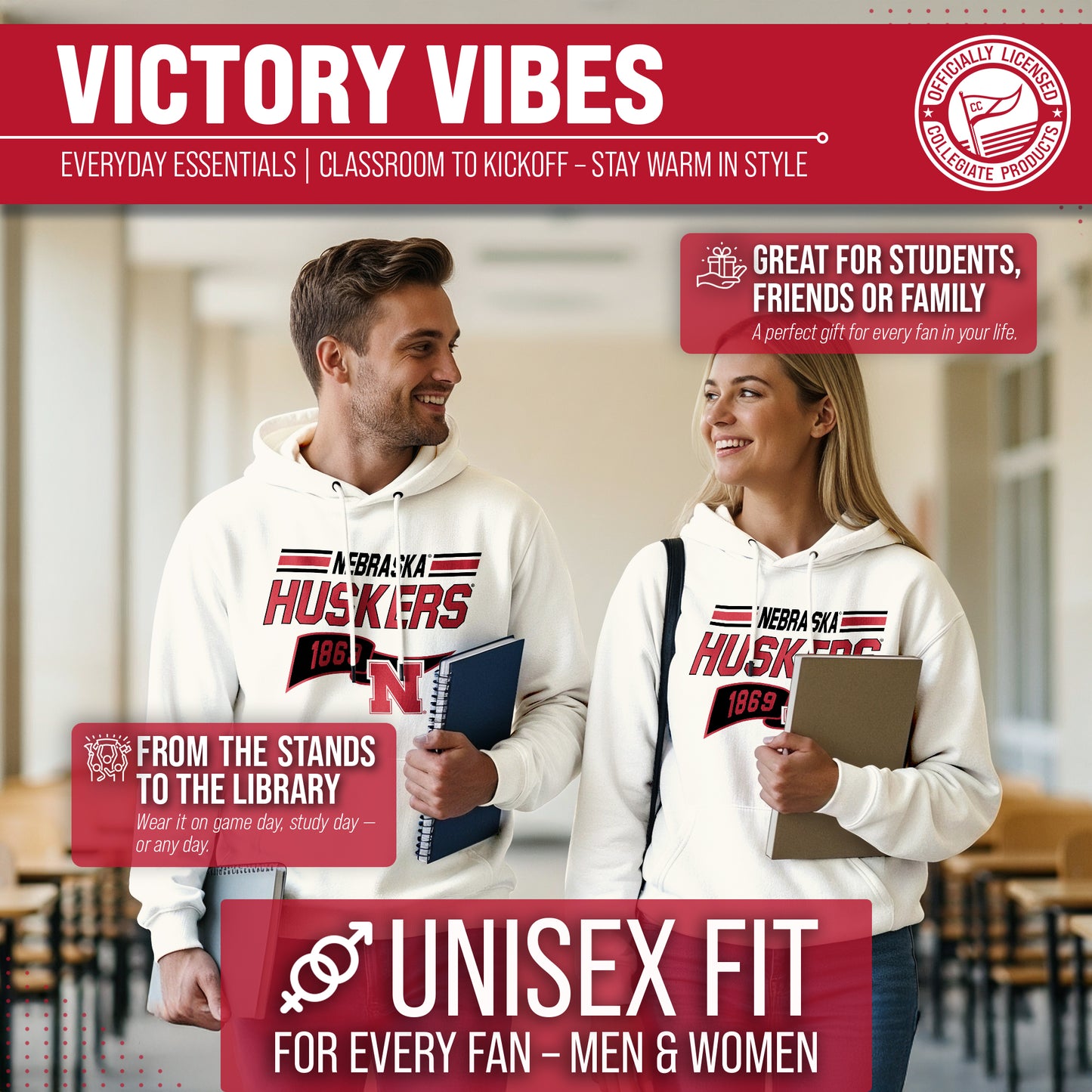 Nebraska Cornhuskers NCAA Adult Unisex Varsity Club Pennant Hooded Fleece Sweatshirt - Off White
