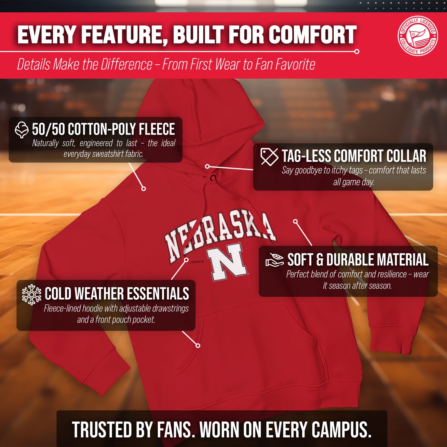 Nebraska Cornhuskers Adult Arch & Logo Soft Style Gameday Hooded Sweatshirt - Red
