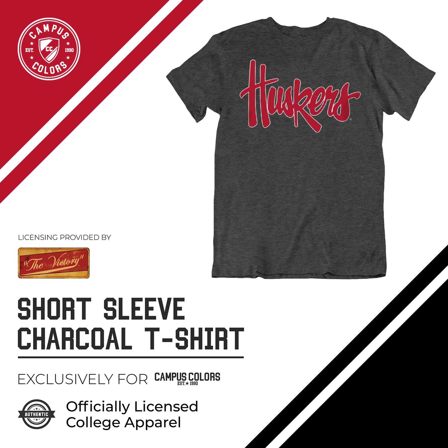 Nebraska Cornhuskers Campus Colors NCAA Adult Cotton Blend Charcoal Tagless T-Shirt - Charcoal