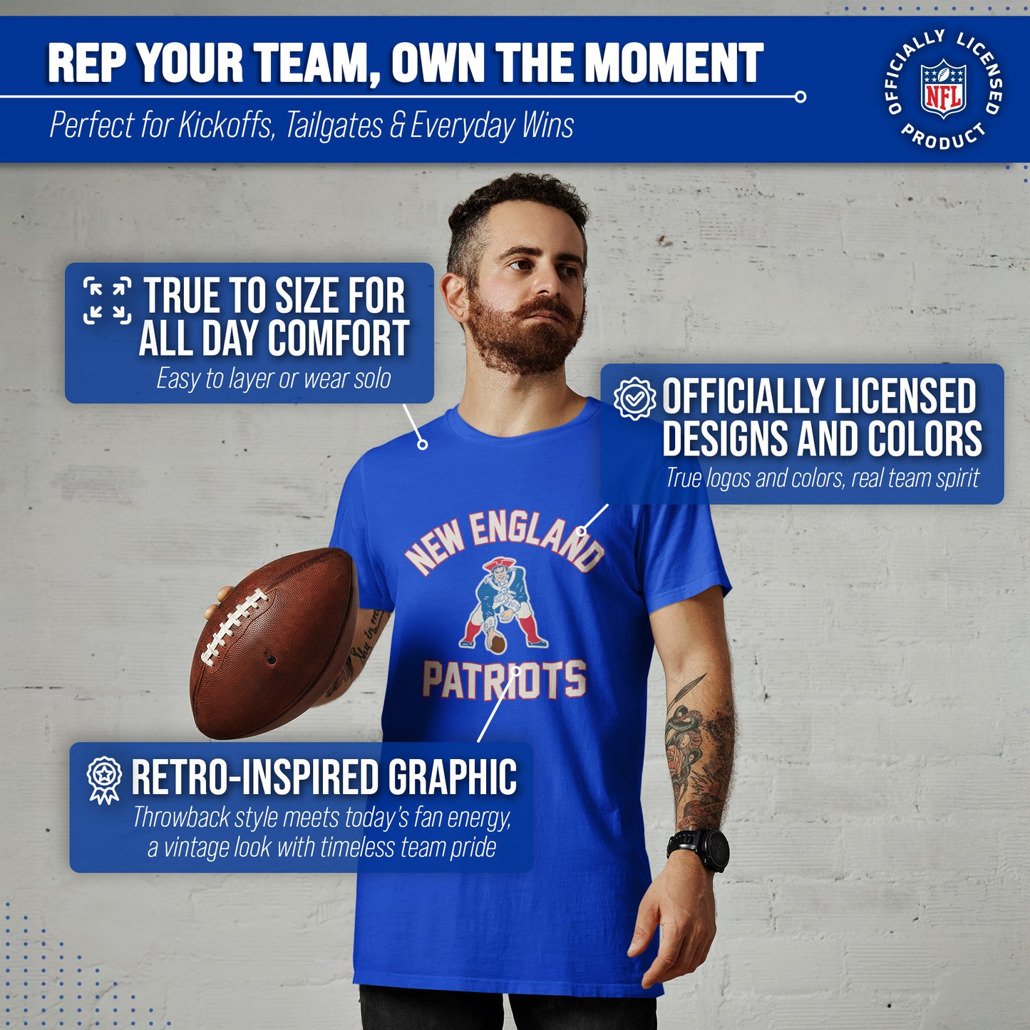 New England Patriots NFL Adult Retro Gameday Unisex T-Shirt - Royal
