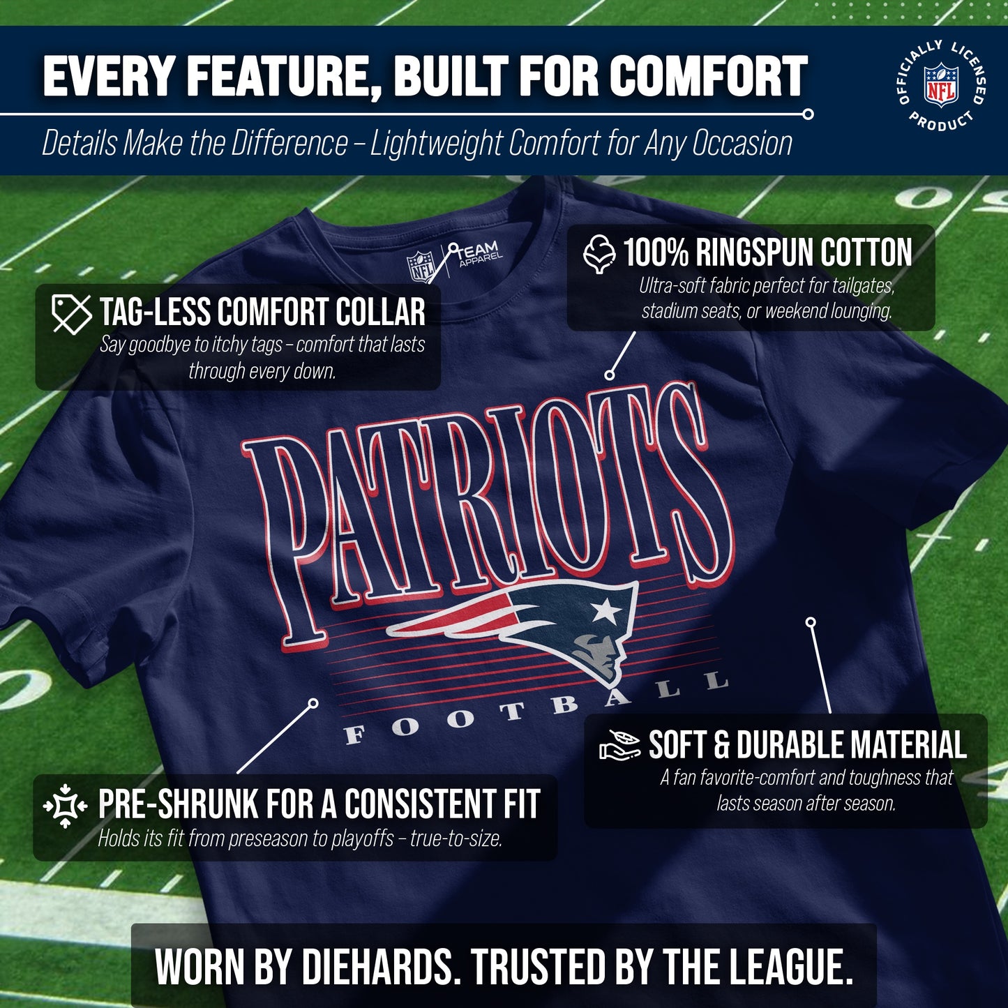 New England Patriots NFL Adult Overtime Blueprint Tag-Less T-Shirt - Navy