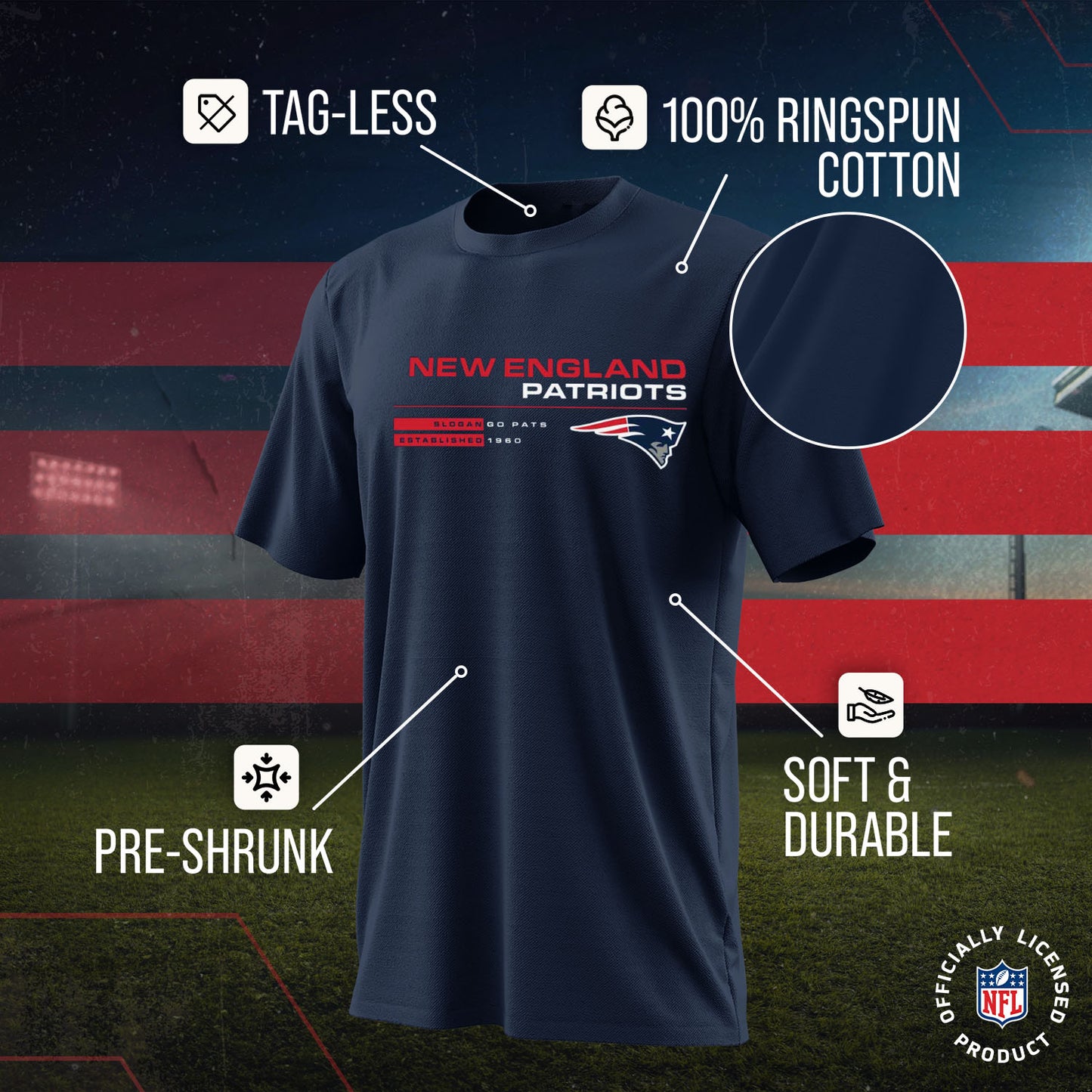 New England Patriots Adult NFL Speed Stat Sheet T-Shirt - Navy