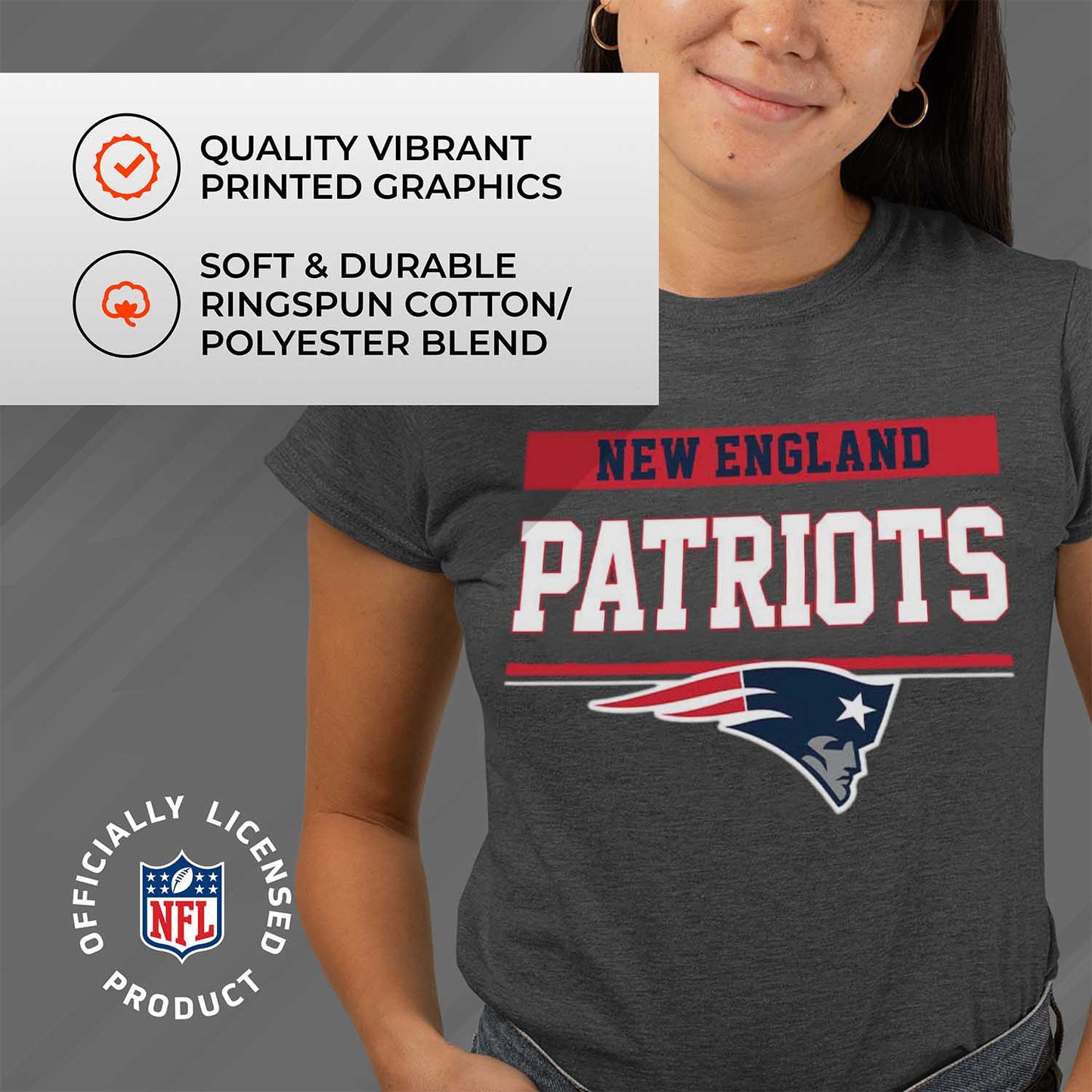 New England Patriots NFL Women's Team Block Charcoal Tagless T-Shirt - Charcoal