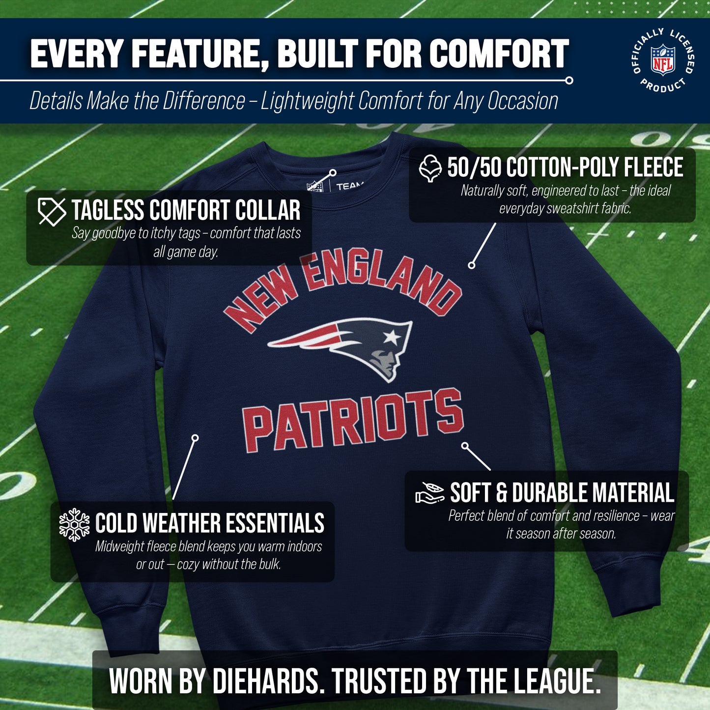 New England Patriots NFL Adult Gameday Football Crewneck Sweatshirt - Navy