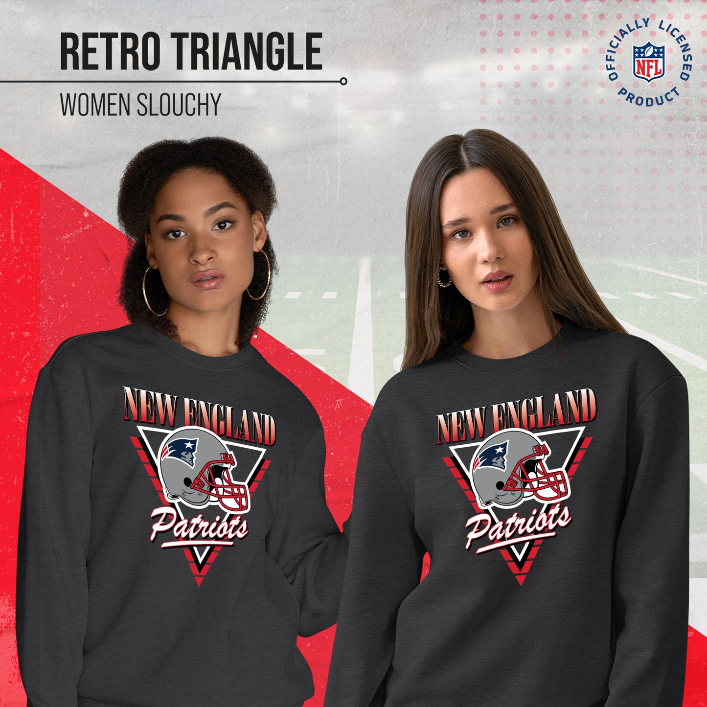 New England Patriots NFL Womens Retro Triangle Slouchy Crewneck - Heather Charcoal