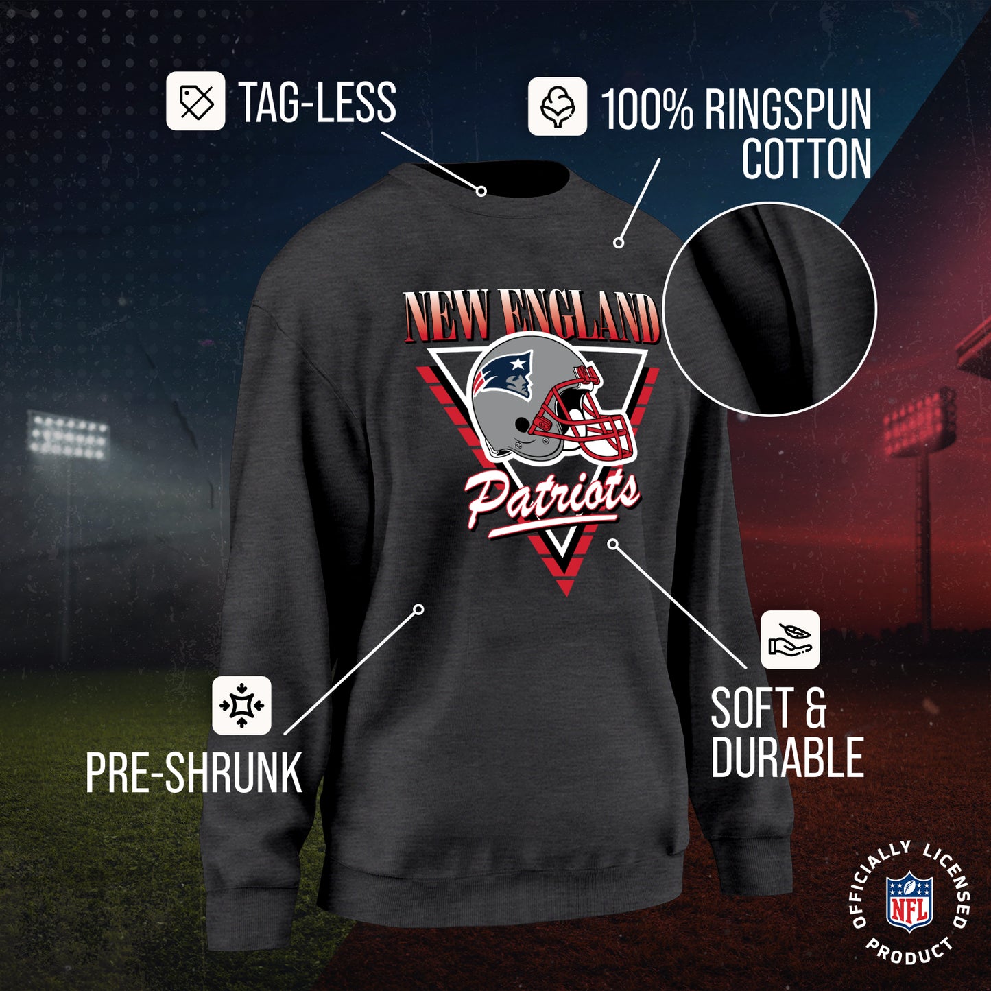 New England Patriots NFL Womens Retro Triangle Slouchy Crewneck - Heather Charcoal