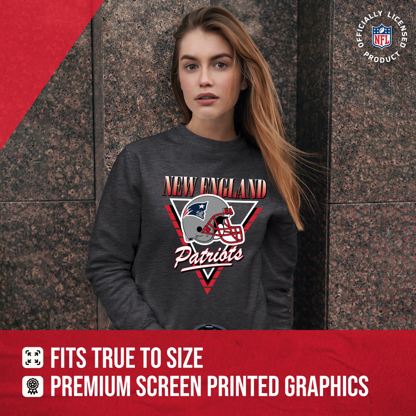 New England Patriots NFL Womens Retro Triangle Slouchy Crewneck - Heather Charcoal