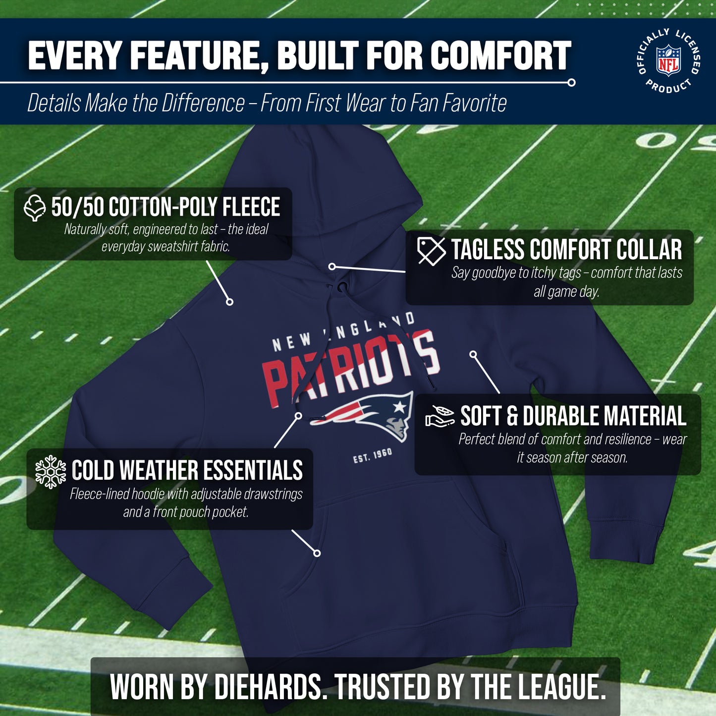 New England Patriots Adult NFL Diagonal Fade Fleece Hooded Sweatshirt - Navy