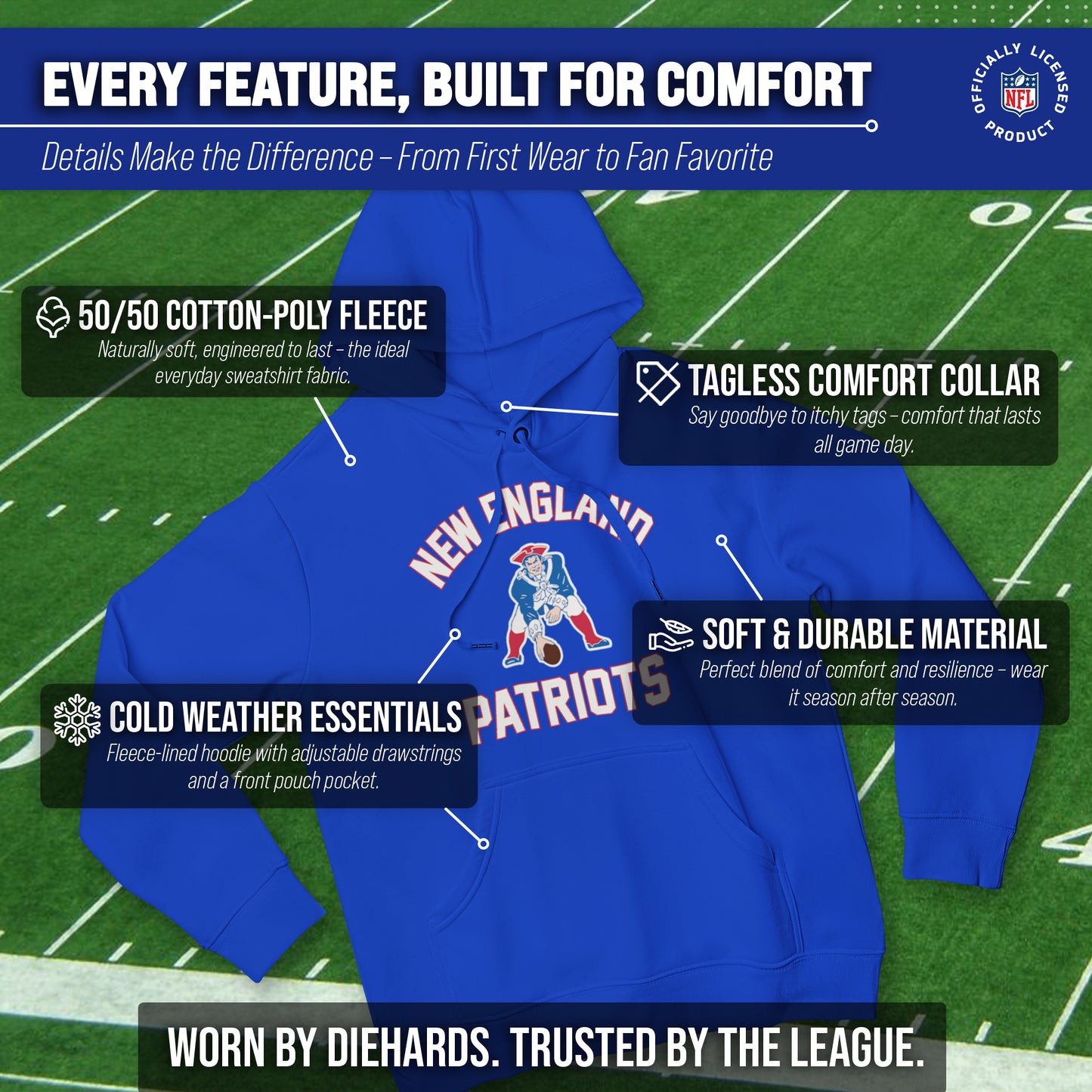 New England Patriots NFL Adult Unisex Retro Gameday Ultra Soft Fleece Hooded Sweatshirt - Royal
