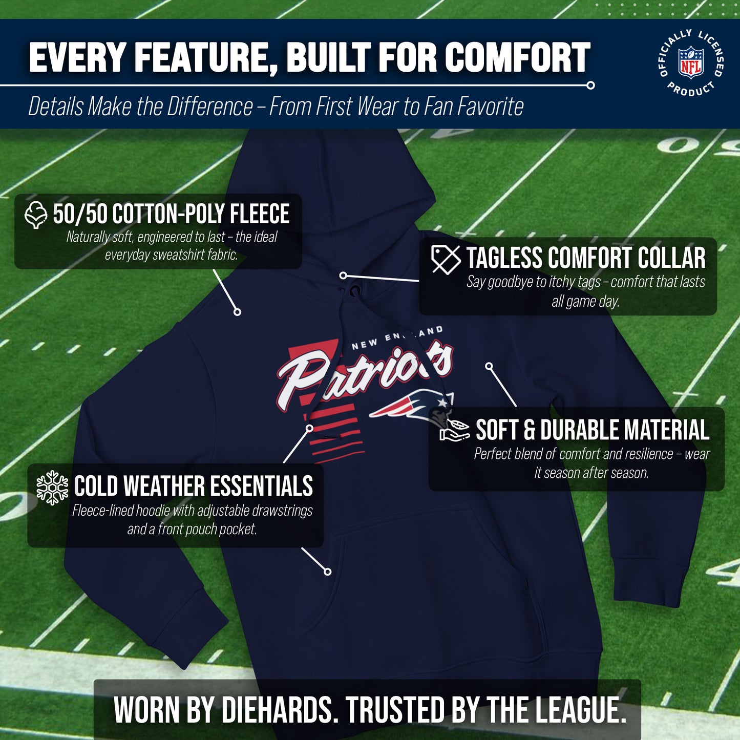 New England Patriots NFL Adult Unisex Retro Script Ultra Soft Fleece Hooded Sweatshirt - Navy