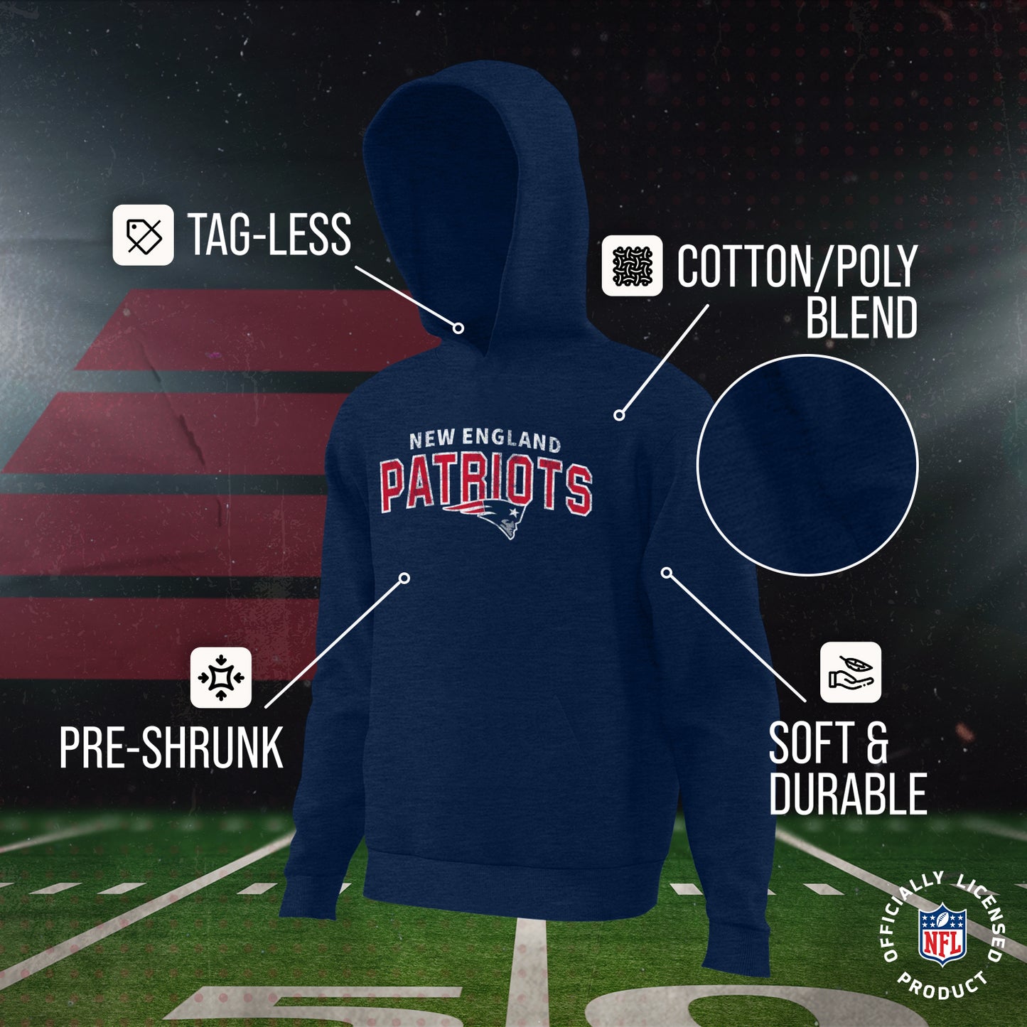 New England Patriots NFL Youth Starting Fresh Hoodie- Pro Football Sweatshirt for Boys and Girls - Navy