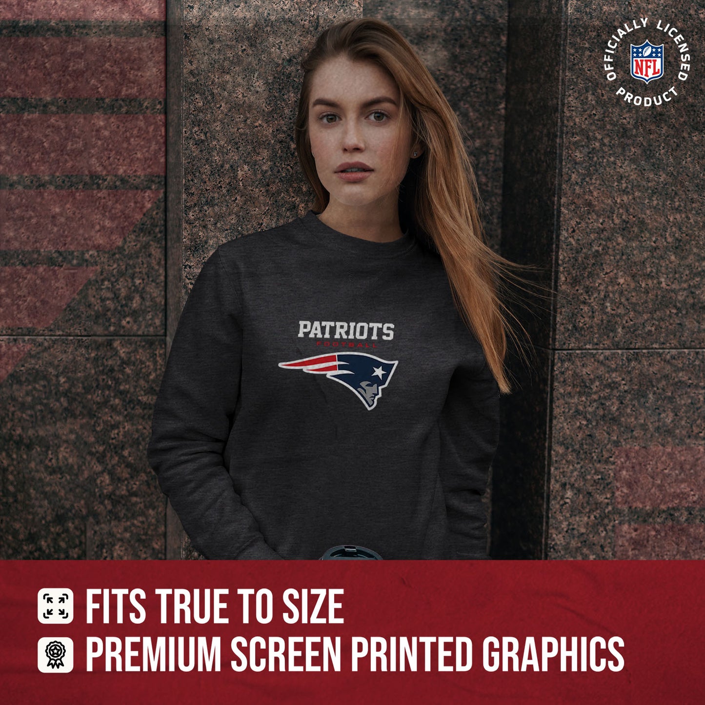 New England Patriots Women's NFL Ultimate Fan Logo Slouchy Crewneck -Tagless Fleece Lightweight Pullover - Charcoal