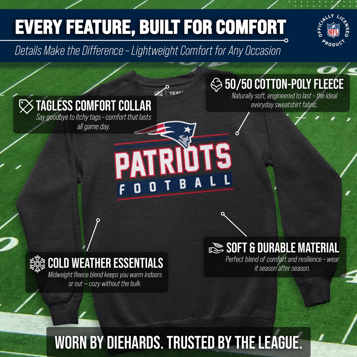 New England Patriots NFL Adult True Fan Crewneck Sweatshirt - Charcoal