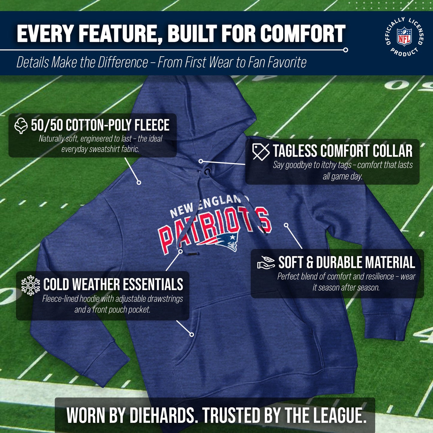 New England Patriots NFL Adult Unisex Starting Fresh Ultra Soft Fleece Hooded Sweatshirt - Navy