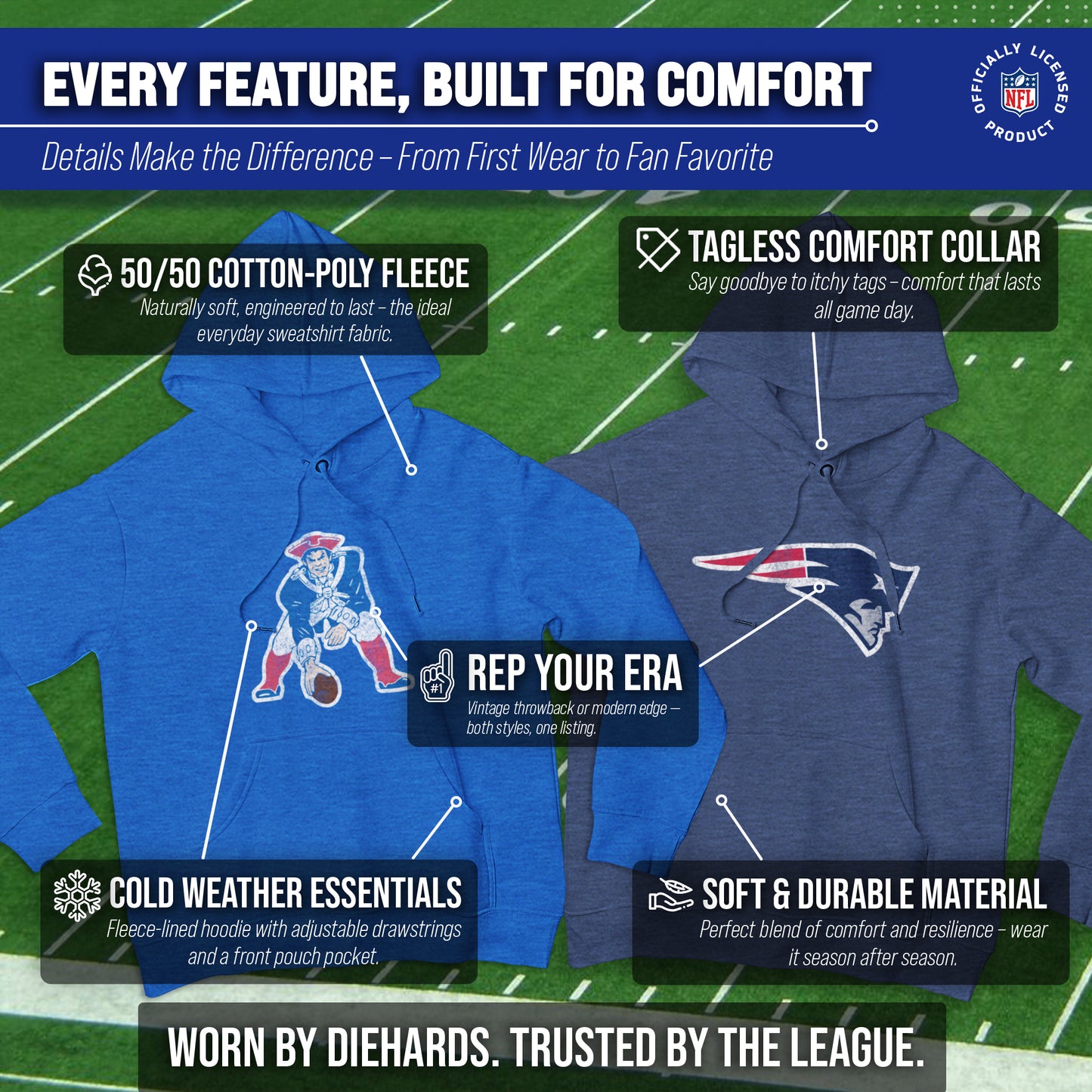 New England Patriots NFL Adult Unisex Modern Throwback Ultra Soft Fleece Hooded Sweatshirt - Royal
