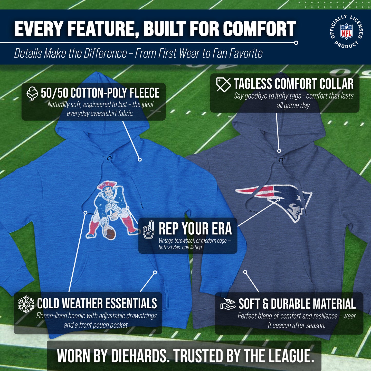New England Patriots NFL Adult Unisex Modern Throwback Ultra Soft Fleece Hooded Sweatshirt - Navy