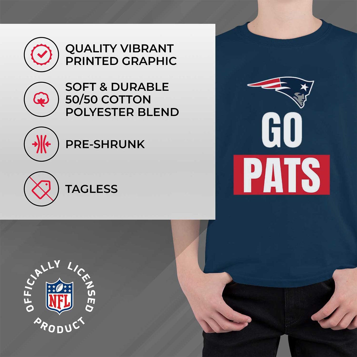 New England Patriots NFL Youth Team Slogan Short Sleeve Lightweight T Shirt - Navy