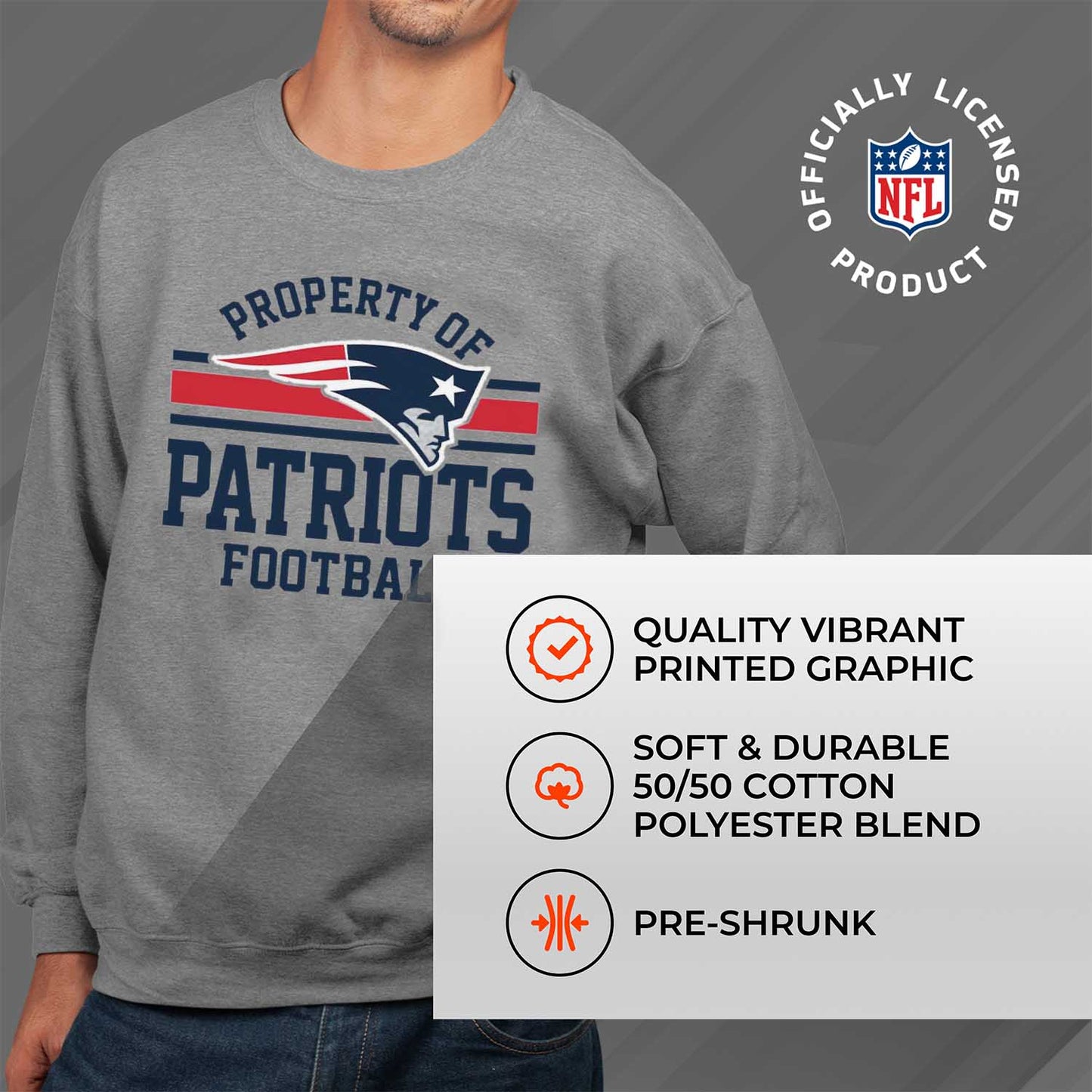 New England Patriots NFL Adult Property Of Crewneck Fleece Sweatshirt - Sport Gray
