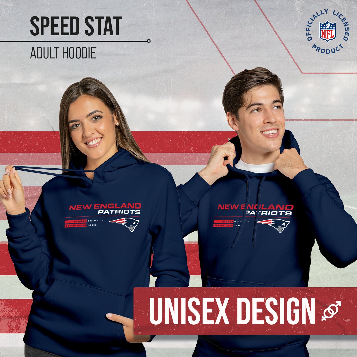 New England Patriots Adult NFL Speed Stat Sheet Fleece Hooded Sweatshirt - Navy