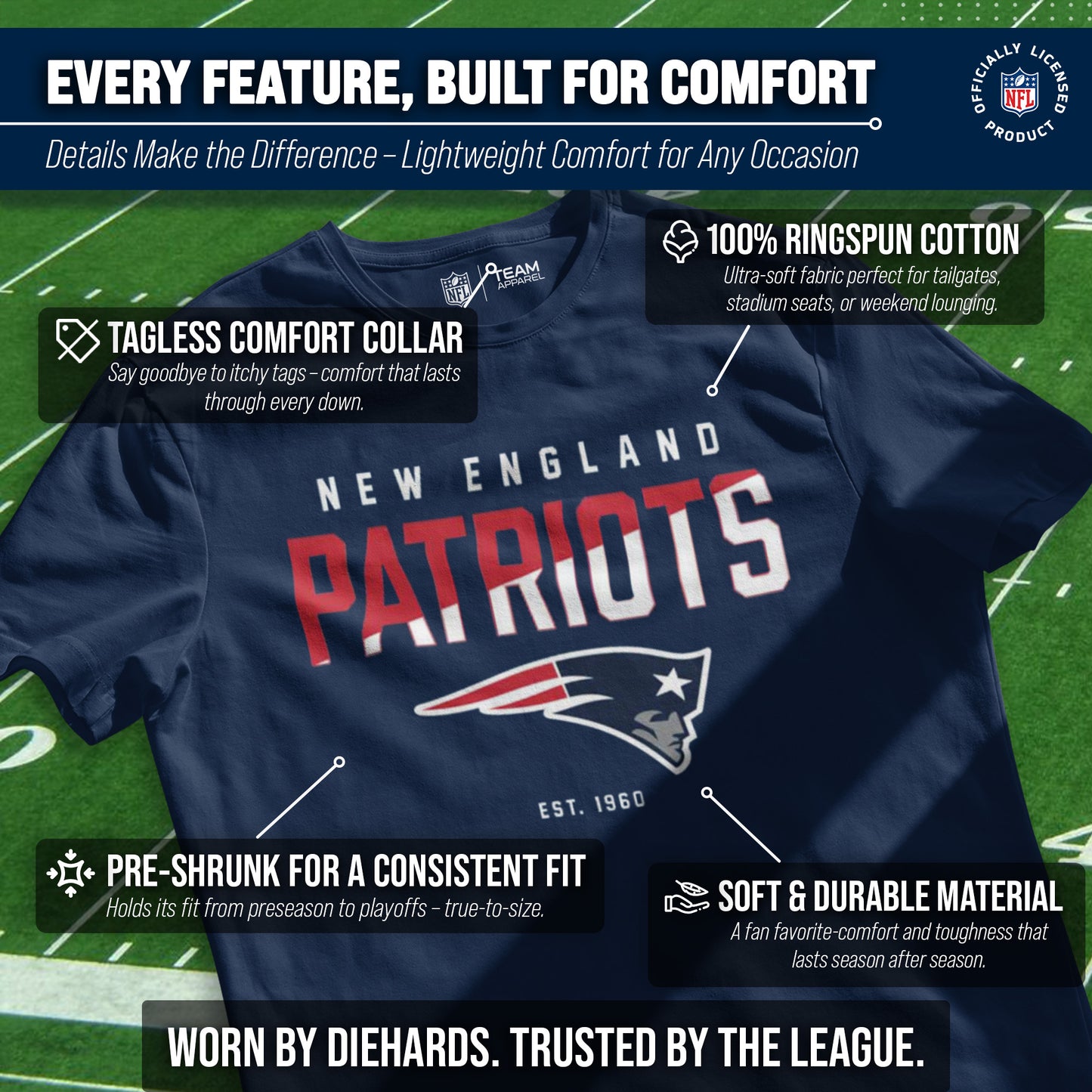 New England Patriots Adult NFL Diagonal Fade Color Block T-Shirt - Navy