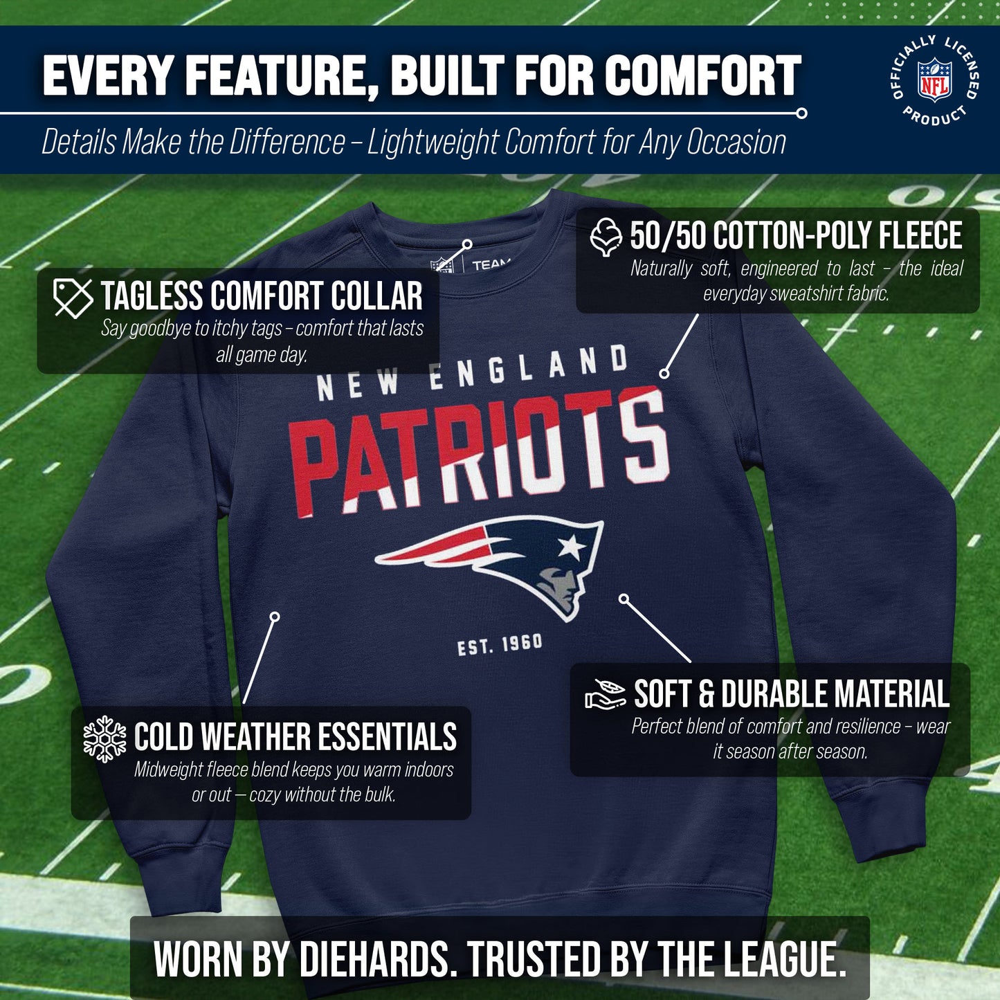 New England Patriots Adult NFL Diagonal Fade Color Block Crewneck Sweatshirt - Navy