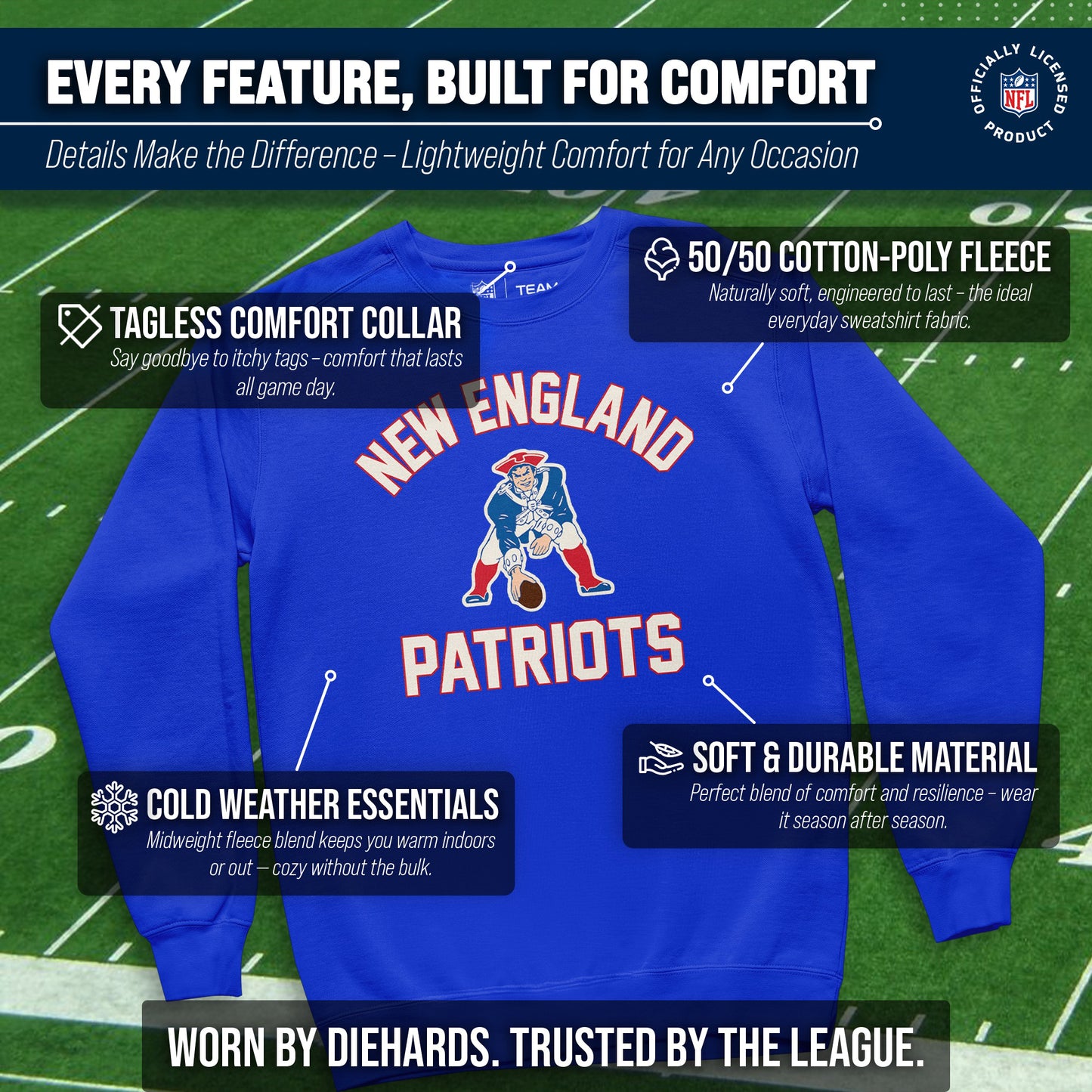 New England Patriots NFL Adult Unisex Retro Gameday Ultra Soft Fleece Crewneck Sweatshirt - Royal
