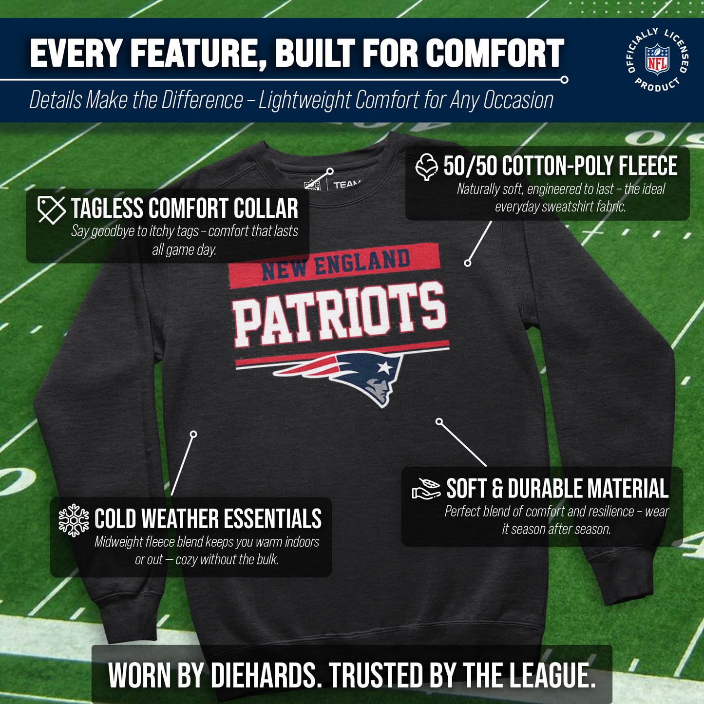 New England Patriots NFL Adult Long Sleeve Team Block Charcoal Crewneck Sweatshirt - Charcoal