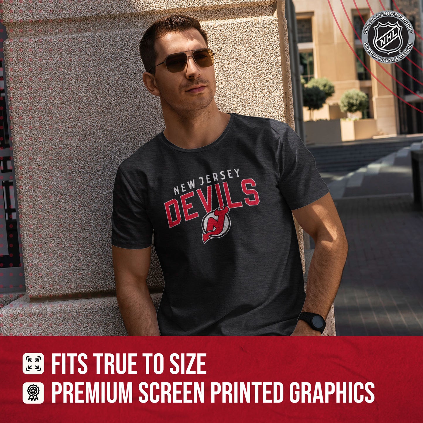 New Jersey Devils NHL Adult Powerplay Heathered Unisex T-Shirt - Black Heather