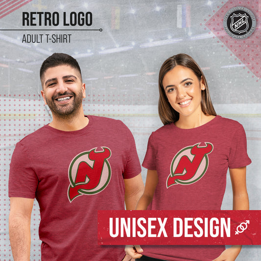 New Jersey Devils NHL Adult Retro Logo Tag-Less T-Shirt - Red Heather