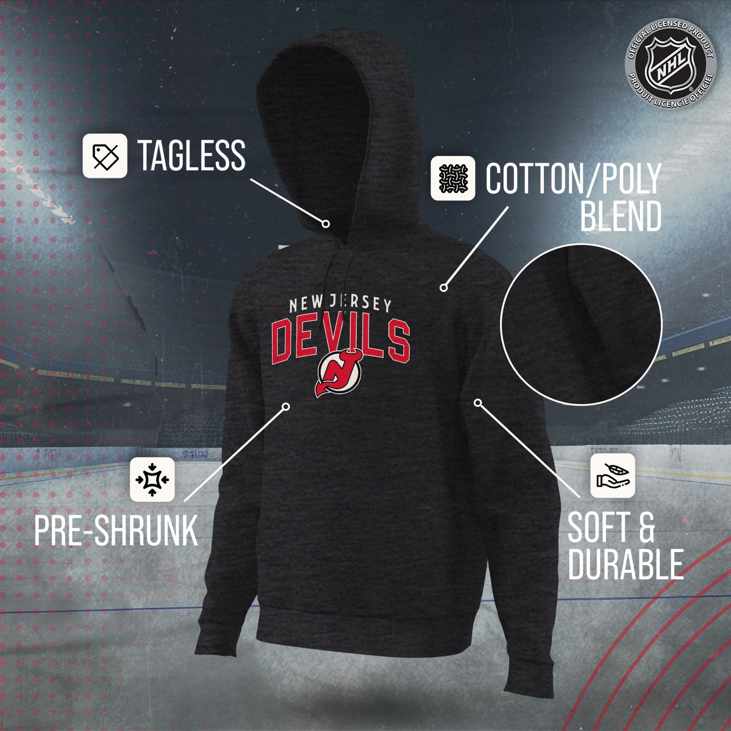 New Jersey Devils NHL Adult Unisex Powerplay Hooded Sweatshirt - Black Heather