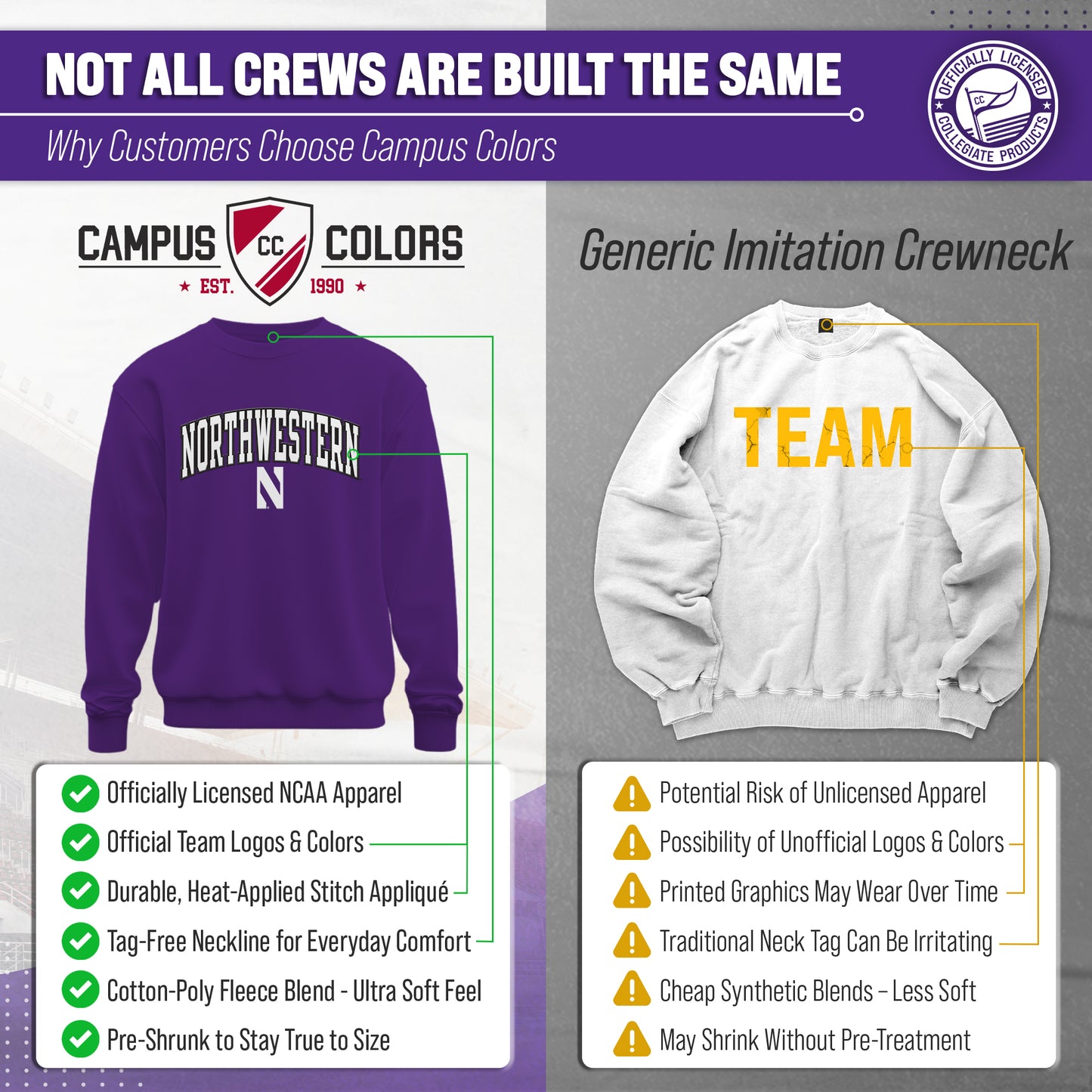 Northwestern Wildcats Adult Tackle Twill Crewneck - Purple