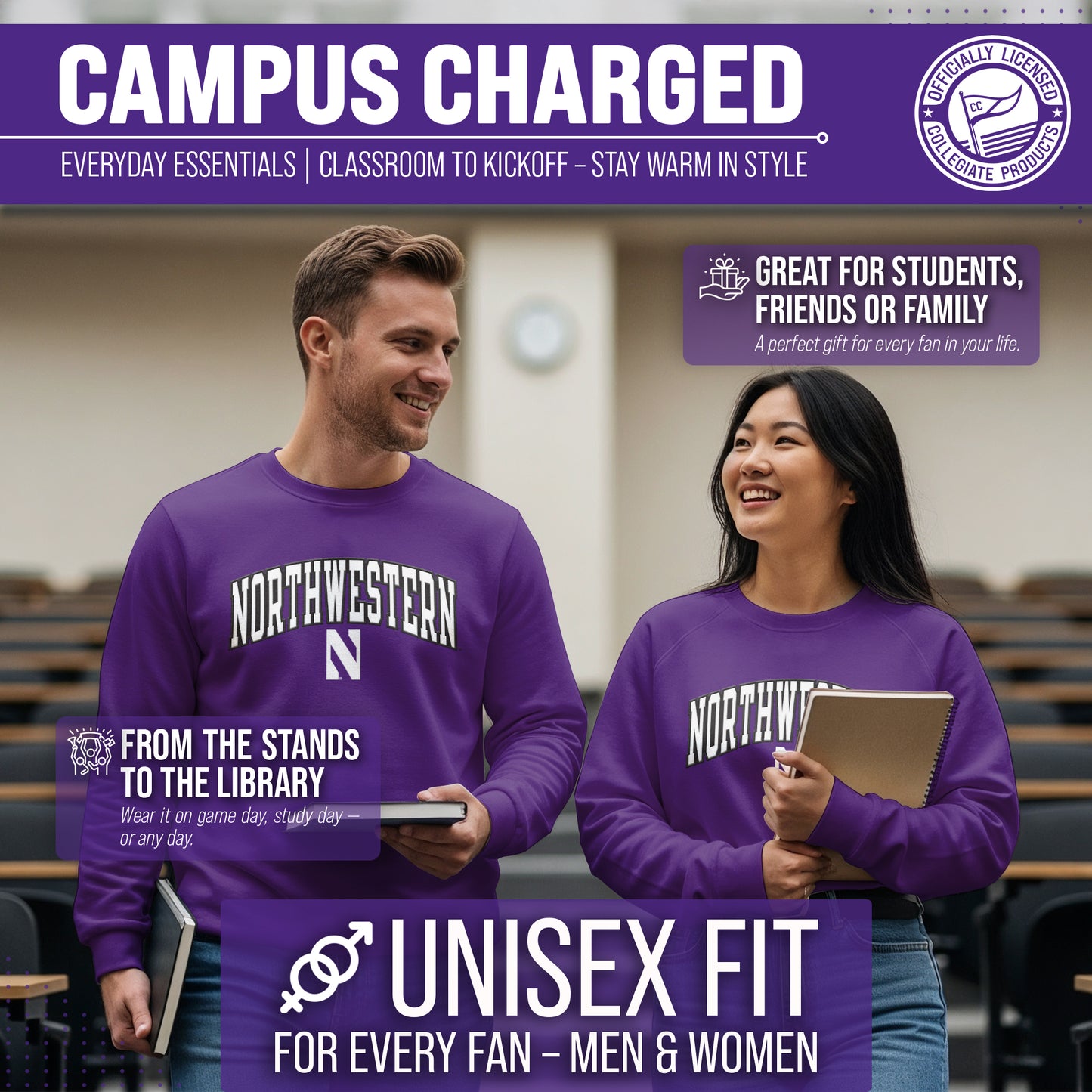 Northwestern Wildcats Adult Tackle Twill Crewneck - Purple