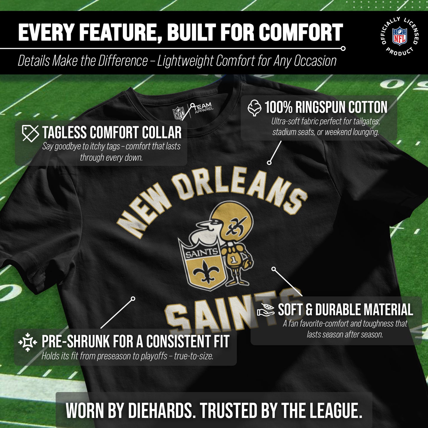 New Orleans Saints NFL Adult Retro Gameday Unisex T-Shirt - Black