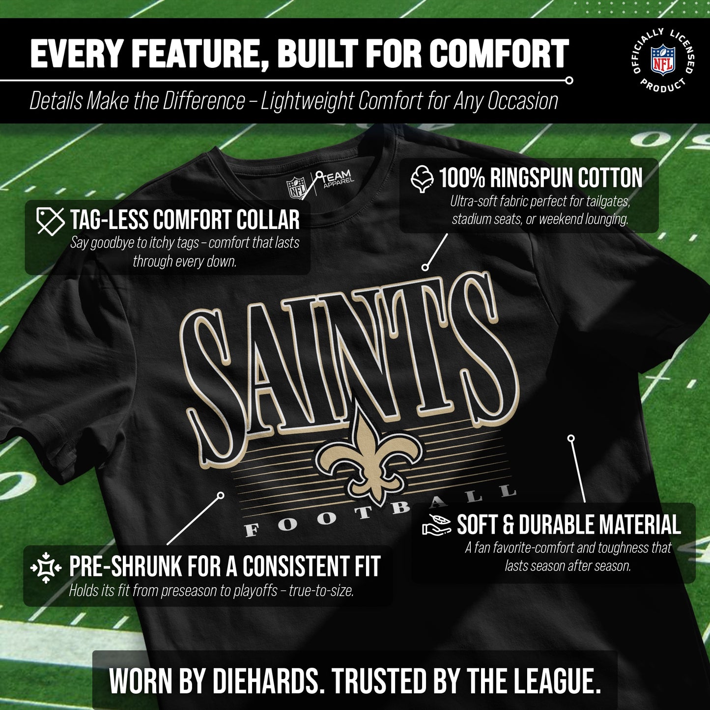 New Orleans Saints NFL Adult Overtime Blueprint Tag-Less T-Shirt - Black