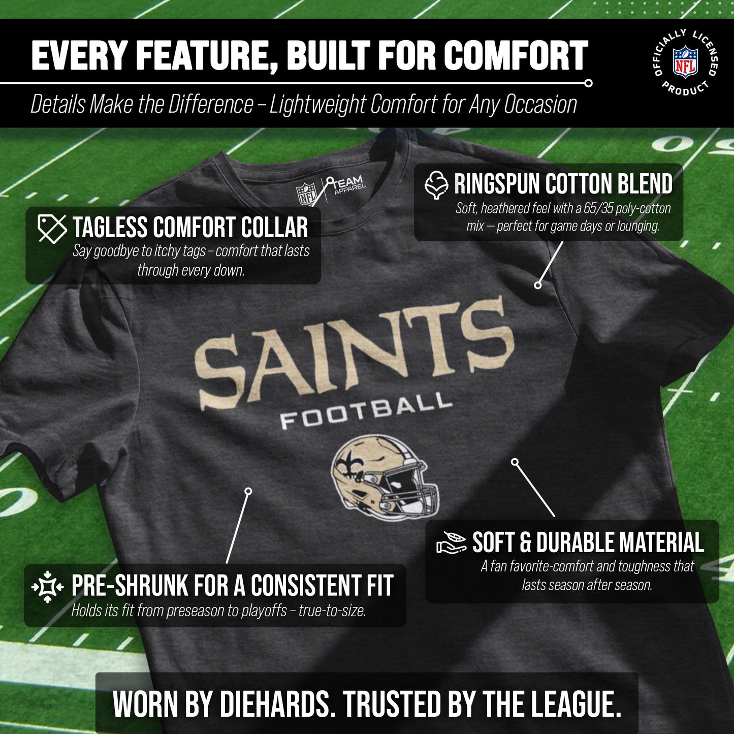 New Orleans Saints NFL Adult Football Helmet Tagless T-Shirt - Charcoal