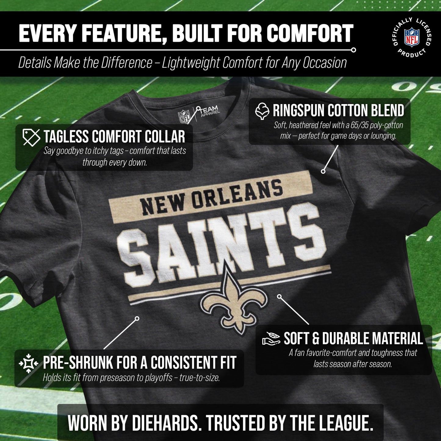 New Orleans Saints NFL Adult Team Block Tagless T-Shirt - Charcoal