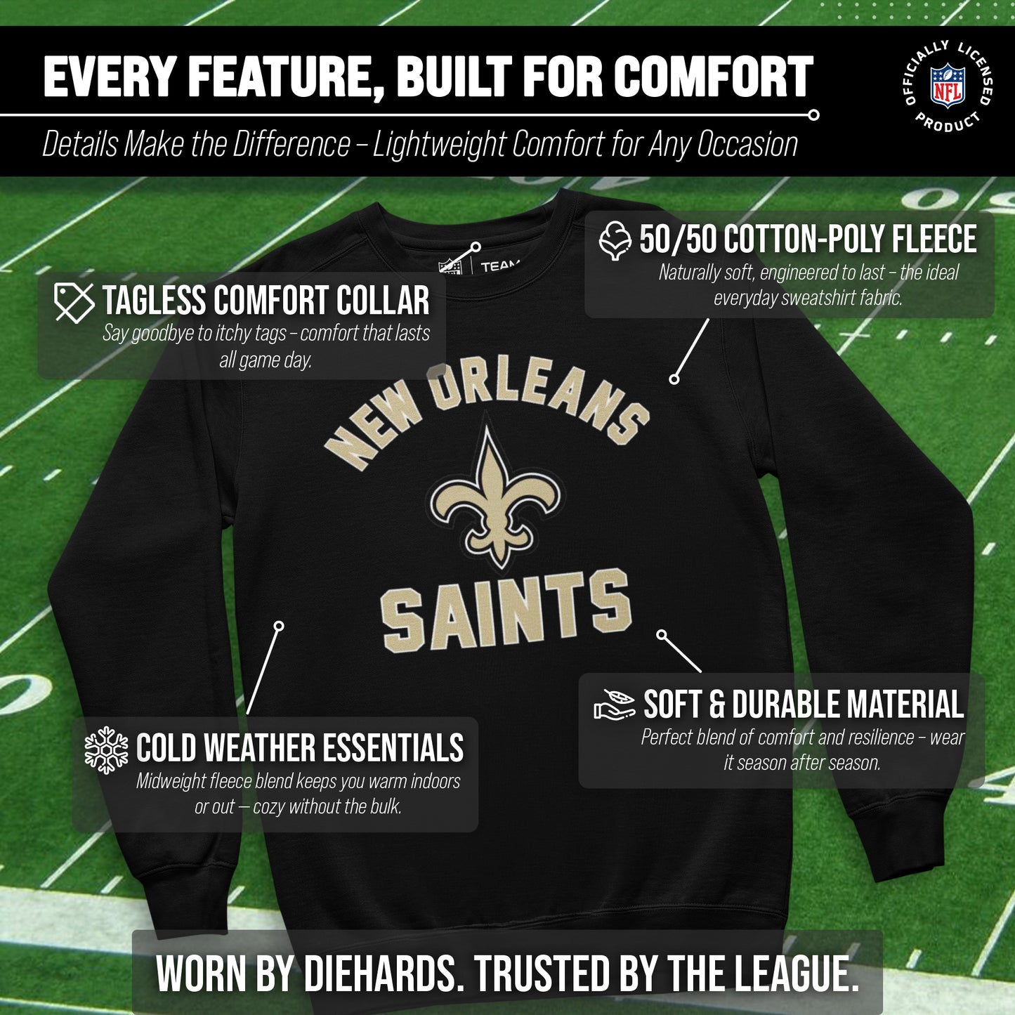 New Orleans Saints NFL Adult Gameday Football Crewneck Sweatshirt - Black