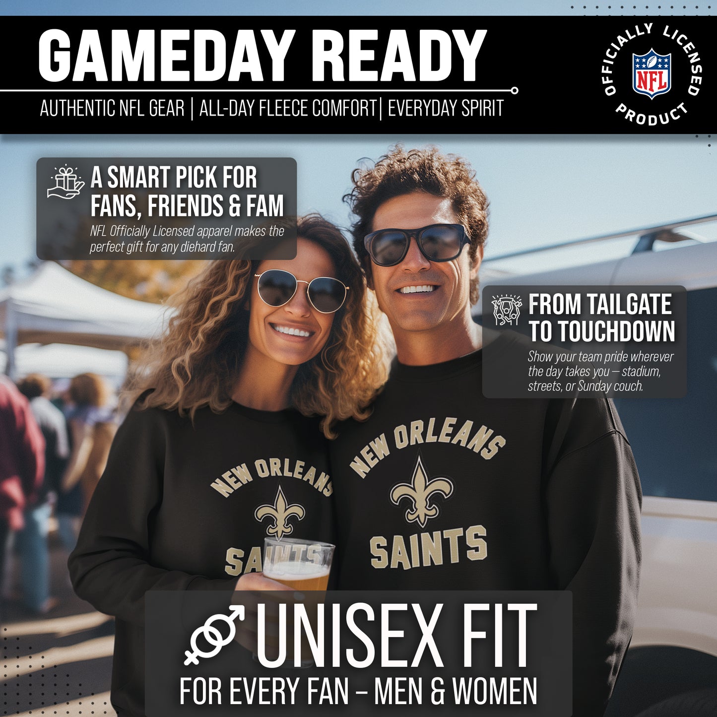 New Orleans Saints NFL Adult Gameday Football Crewneck Sweatshirt - Black